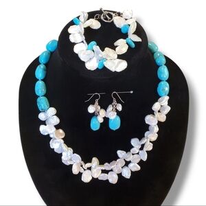 Coldwater Creek Faux Turquoise and Pearl Jewelry Set Necklace Bracelet Earrings